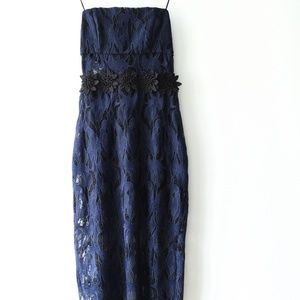 Navy Strapless Lace Dress with Florette Detail